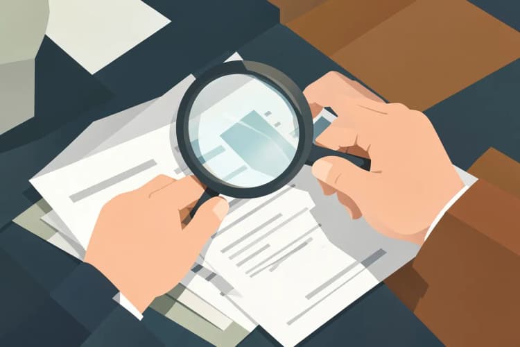 Uma pessoa examinando papéis e documentos com uma lupa.