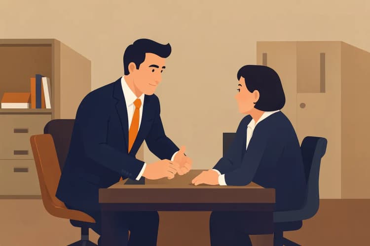 Um advogado conversando com um cliente em um escritório.