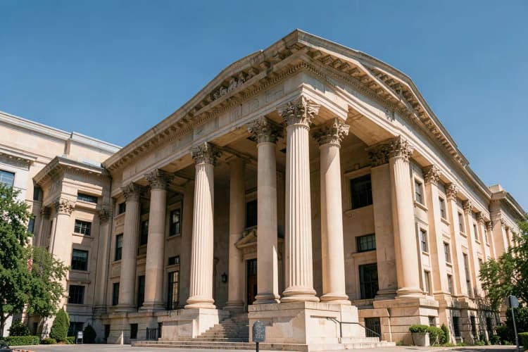 Prédio de um tribunal com colunas clássicas, em dia ensolarado.