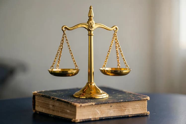 Uma balança da justiça dourada em cima de livros.