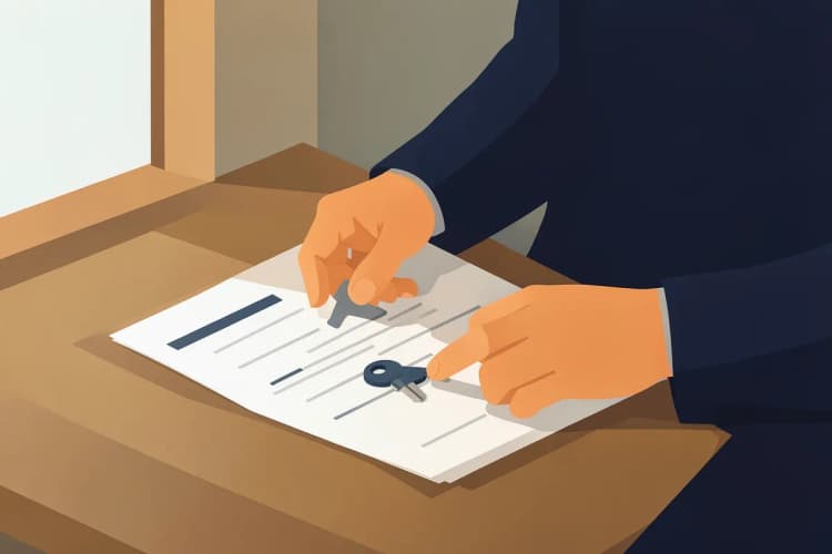 Uma pessoa examinando documentos e chaves de casa em uma mesa.